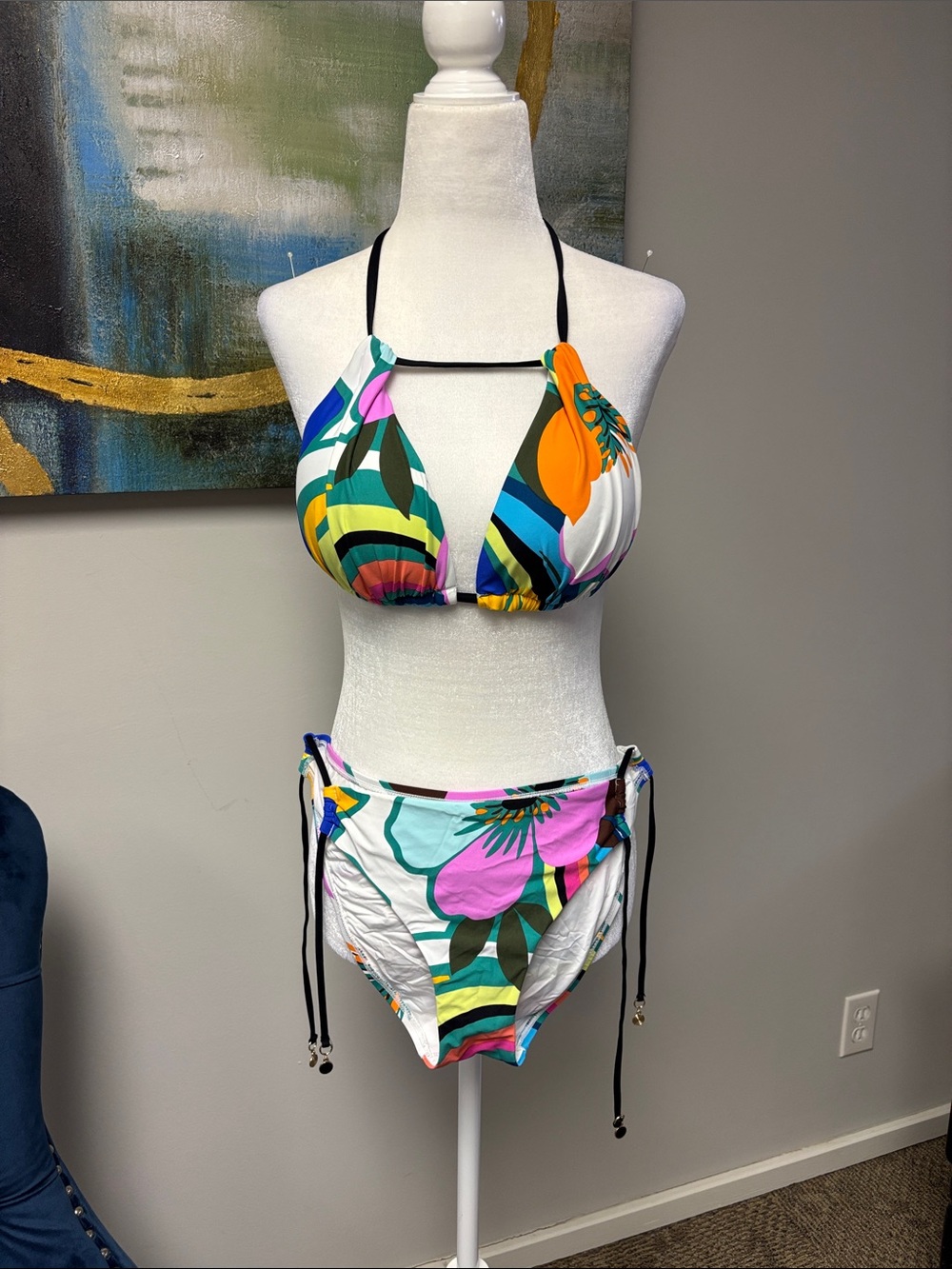 La Blanca Bold Floral & Stripe Halter Bikini in White, Pink, Orange, Green, Blue